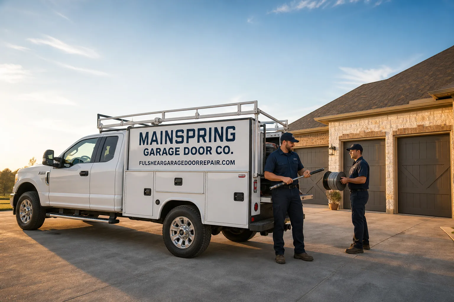 Mainspring Garage Door Co. garage door service vehicle and crew in Fulshear, TX